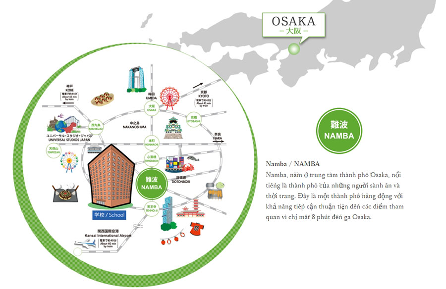 Giới thiệu trường Nhật ngữ Học viện Ohara Osaka - bản đồ