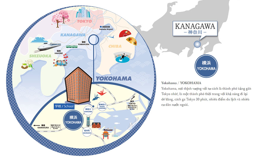 Giới thiệu trường Nhật ngữ Học viện Ohara - bản đồ Yokohama